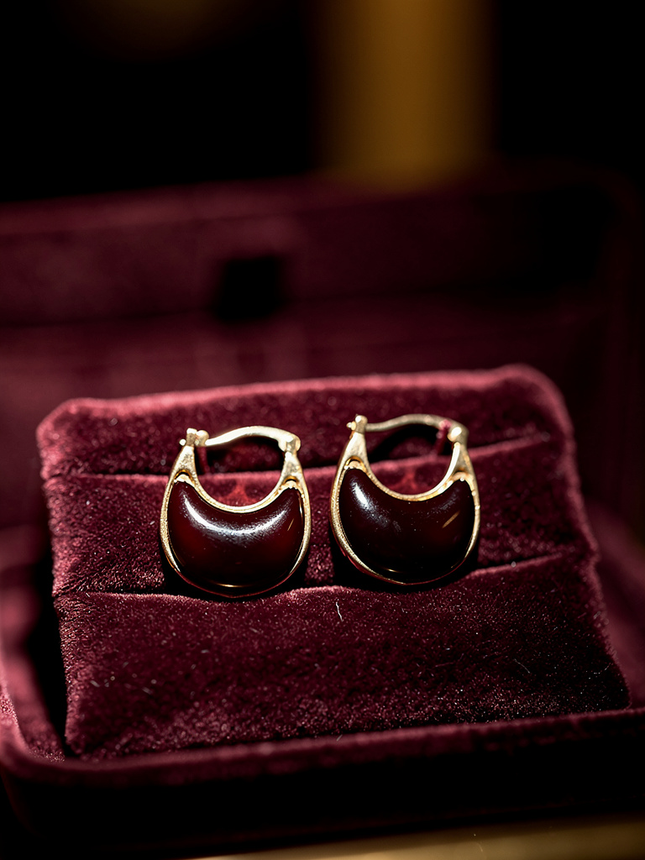 Bordo Akrilik Küpe Gold Detaylı Çelik Küpe