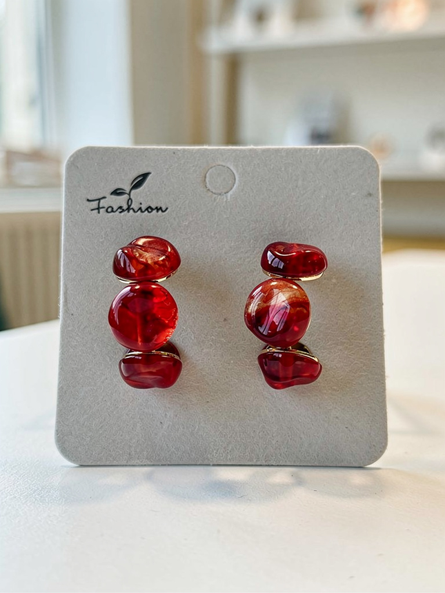 Gold Detaylı Halka Bordo  Küpe